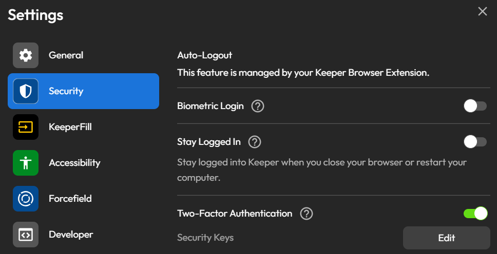 Keeper security settings and security-key option