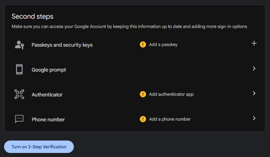 Google Passkeys and security keys screen