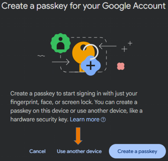 Google passkey creation and physical-key selection
