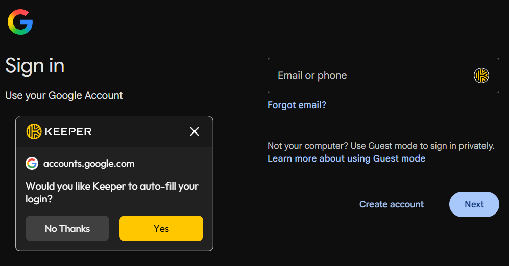 KeeperFill showing a matching demonstration login