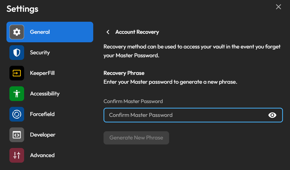 Recovery setup screen - hide every recovery word